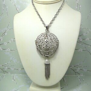 Crown Trifari Vintage Hot Air Balloon Pendant Tassel  Necklace Silver Tone